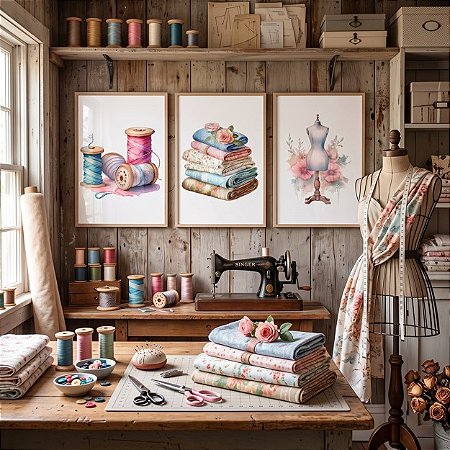 Quadro Decorativo Costura Máquina Agulha Tesoura Atelier Costureira Manequim Kit 3 Quadros