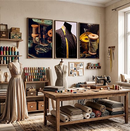Quadro Decorativo Terno Alfaiate Agulha Máquina Costura Fita Métrica Kit 3 Quadros