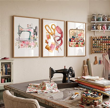 Quadro Decorativo Costura Tesoura Atelier Costureira Máquina Rosa Flores Kit 3 Quadros