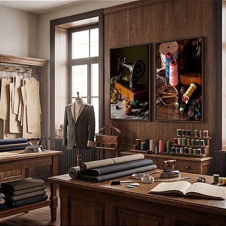 Quadro Decorativo Alfaiataria Máquina Costura Linhas Tesoura Costureira Atêlie