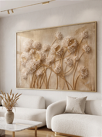 Quadro Decorativo Flores Efeito 3D Corda de Algodão Hastes Dente de Leão
