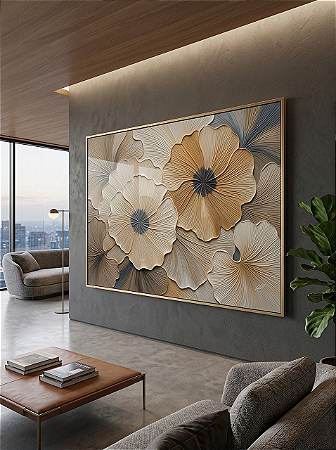 Quadro Decorativo Relevo Floral Bege e Miolo Azul Minimalista Floral Natureza