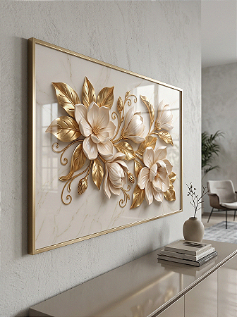Quadro Decorativo Flores Magnólias Douradas Efeito 3D com Fundo Marmorizado