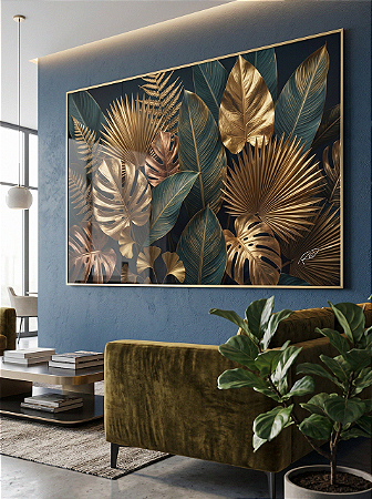 Quadro Decorativo Botânico Folhas Tropicais Douradas e Verde Escuro