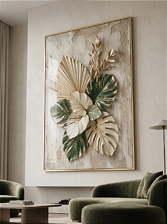Quadro Decorativo Folhagem Efeito Relevo Botânico Dourado Costela-de-Adão Textura Rústica
