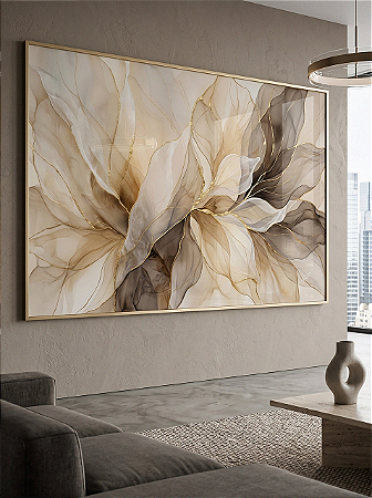 Quadro Decorativo Abstrato Moderno Folhas Translúcidas Nude e Dourado