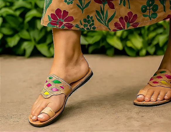 Chinelo rasteira em couro colorida de tiras no dedo - DUO Flat SUMMER
