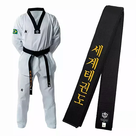 Dobok Taekwondo Pro Olympic Gola Preta 50% Algodão + Faixa Preta Bordada World Taekwondo Sulsport
