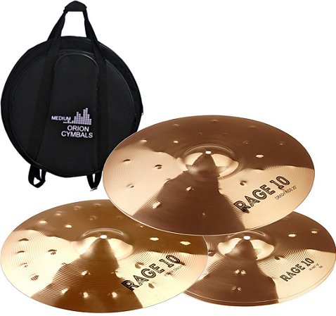 KIT Rage 10 Chimbal 14", Power Crash 16", Ride 20" em Liga B10 - Acompanha BAG!