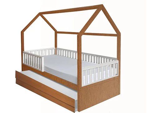 Cama Montessori 4 em 1 Madeira Mel e Grade Branca COM cama auxiliar Puppi