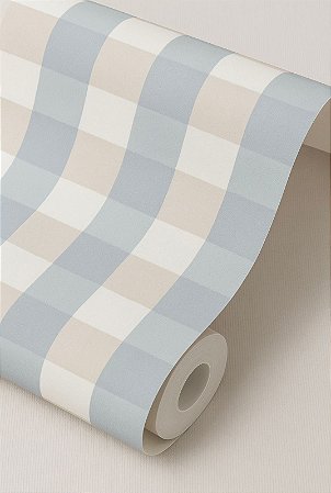 Papel de parede quadriculado Vichy azul e nude