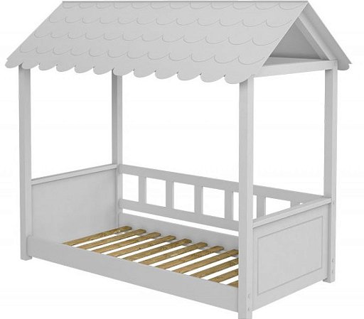 Cama Montessori (1,62 x 0,78) Branca Madeira Maciça com Telhadinho