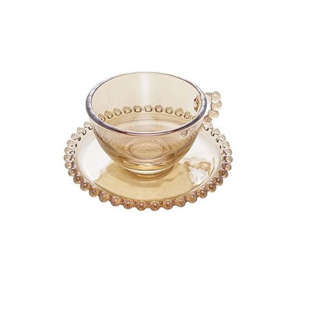 Xícara de Chá em Cristal Âmbar com Pires Bolinhas Pearl 200ml