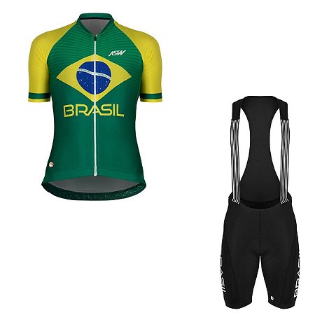 Conjunto Ciclismo Bike Feminino Asw Brasil Verde Amarelo