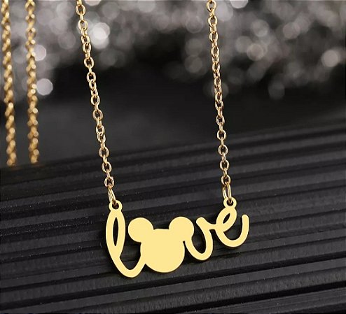 Colar Mickey love aço banhado a ouro 18k