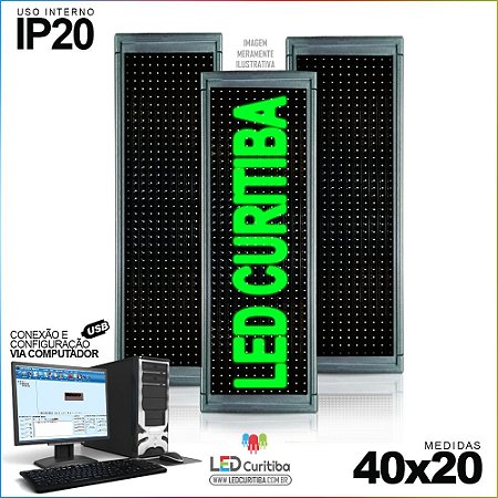 Painel Letreiro de Led 40x20 Verde Interno Conexão via USB IP20