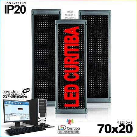 Painel Letreiro de Led 70x20 Vermelho Interno Conexão via USB IP20