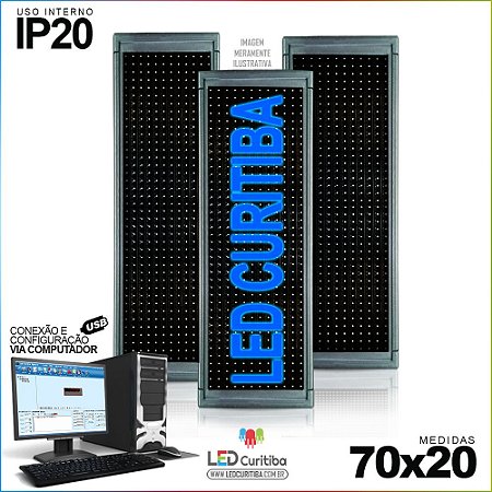 Painel Letreiro de Led 70x20 Azul Interno Conexão via USB IP20