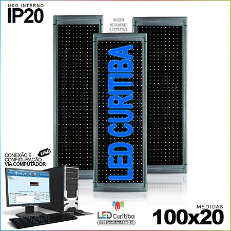 Painel Letreiro de Led 100x20 Azul Interno Conexão via USB IP20