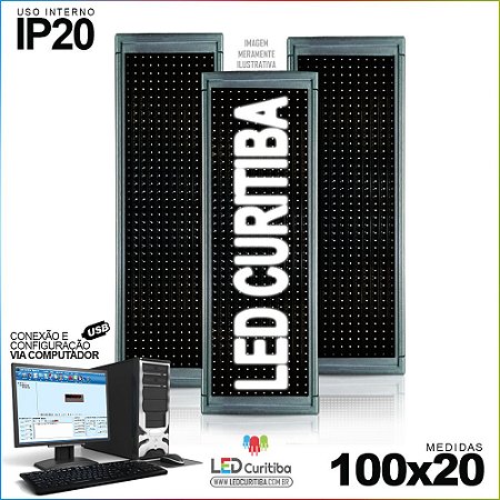 Painel Letreiro de Led 100x20 Branco Interno Conexão via USB IP20
