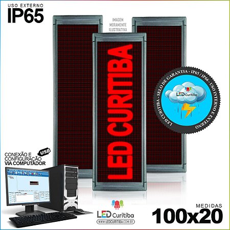 Painel Letreiro de Led 100x20 Vermelho Interno / Externo Conexão via USB IP65