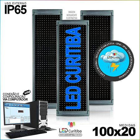 Painel Letreiro de Led 100x20 Azul Interno / Externo Conexão via USB IP65