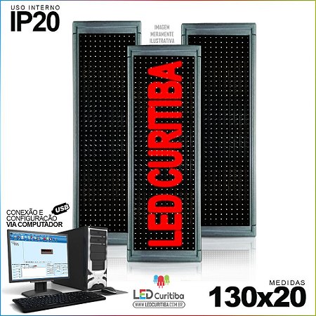 Painel Letreiro de Led 130x20 Vermelho Interno Conexão via USB IP20