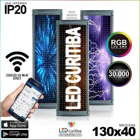 Painel Letreiro de Led 130x40 Pastilha RGB Interno Conexão via Wi-Fi IP20