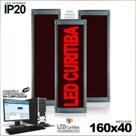Painel Letreiro de Led 160x40 Vermelho Interno  Conexão via USB IP20