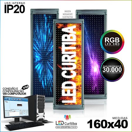 Painel Letreiro de Led 160x40 Pastilha RGB Interno  Conexão via USB IP20