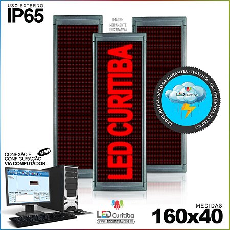 Painel Letreiro de Led 160x40 Vermelho Interno / Externo  Conexão via USB IP65