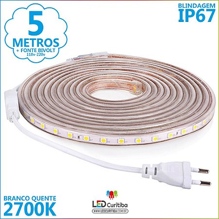 5m Mangueira De Led Branco Quente 2700k Ip67 + Fonte 110v