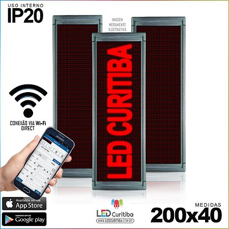 Painel Letreiro de Led 200x40 Vermelho Interno Conexão via Wi-Fi IP20