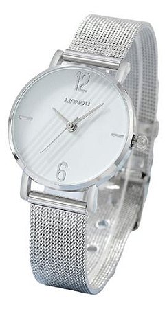 Relógio De Quartzo Branco + Pulseira Prateada