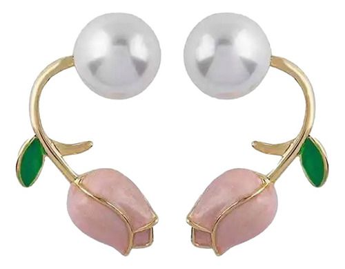 Brincos De Tulipas Rosas E Pérolas