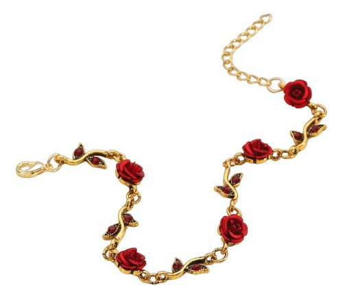 Pulseira Bracelete De Rosa Vermelha Dourada Retro