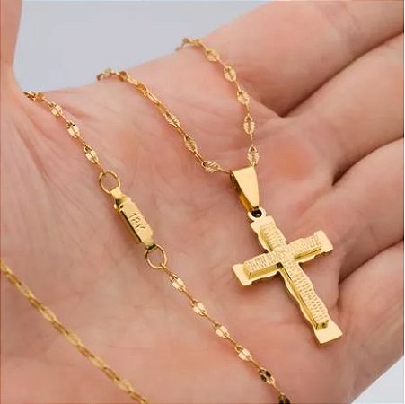 COLAR COM PINGENTE CRUCIFIXO ORAÇÃO AÇO INOXIDÁVEL