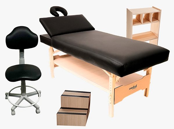 MACA PARA ESTÉTICA E SPA COM REGULAGEM DE ALTURA E CABECEIRA RECLINAVEL - ALPES - ESCADA + CARRINHO