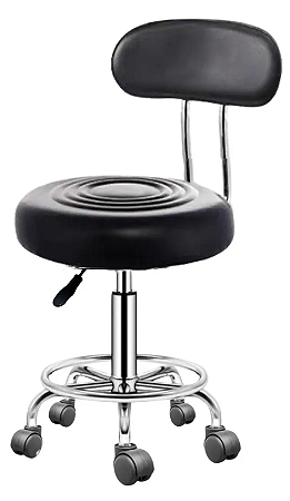 Mocho Estética Com Encosto, Aro Para Pés E Rodas Silicone Estrutura Cromado Assento Preto