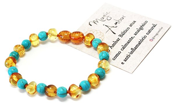 Pulseira de Ambar Mel com Turquesa 16cm