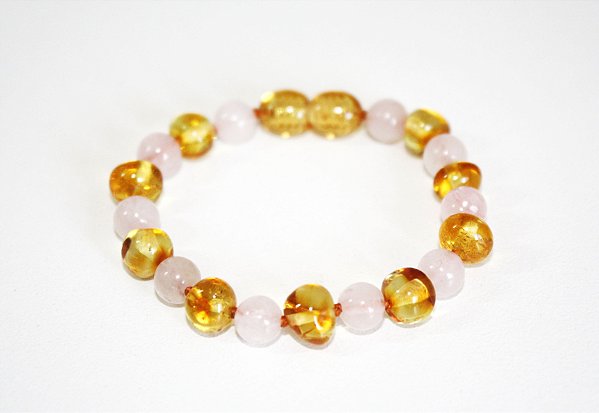 Pulseira/ tornozeleira de Ambar Limão com Quartzo Rosa 14 cm