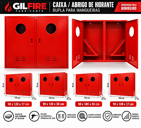 Caixa de Hidrante - Abrigo de Mangueira Sobrepor Dupla 90x120x17 90X120X30 120X50X30