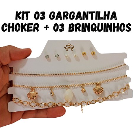 Kit 03 Choker Luxo Colar e 03 brinquinhos Prata Dourado colar festa