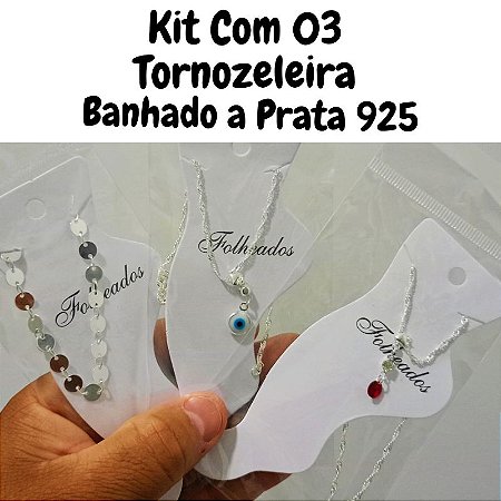 kit 3 Tornozeleira feminino folheado a Prata 925 com Pingente