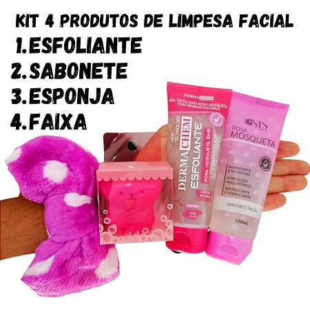 kit de Sabonete e Esfoliante Limpeza Facial Rosa Mosqueta mais Esponja e Faixa de Maquiagem