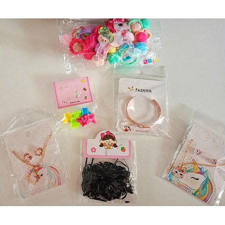 Kit Presente Infantil Para Menina Com Mais de 30 Peças Lacinho Colar Brincos Conjuntinho do Unicornio e Bracelete com An