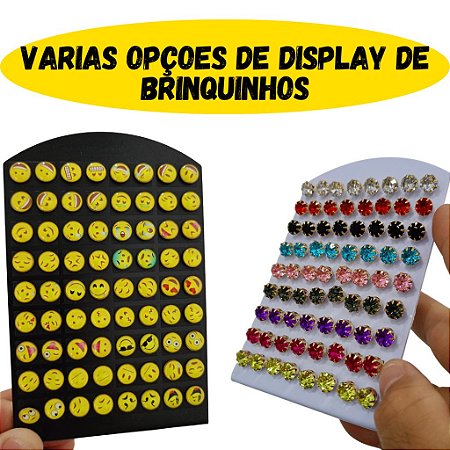 Display com 36 pares de brincos quadrados Zirconia/Strass/Emojio P/revenda