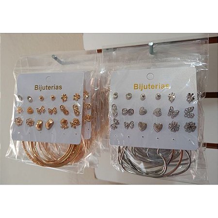 Cartela de Brincos Com 12 pares de brinquinho e argolas banhado a prata 925
