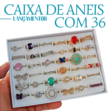 Caixa com 36 Anéis para Revenda - Banhados a Ouro 18k e Prata 925 - Joias de Alta Qualidade e Lucrativas