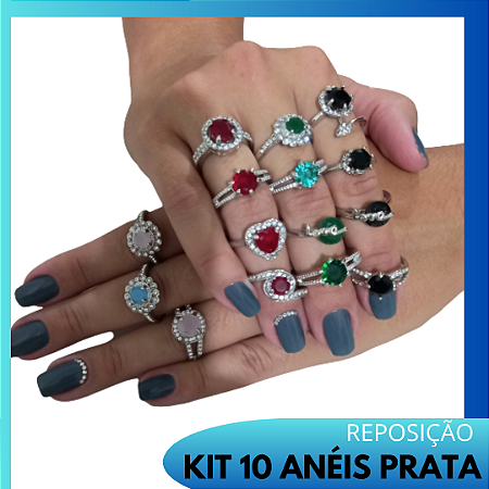 Anel Pedra de Zirconia no Atacado - kit com 10 aneis